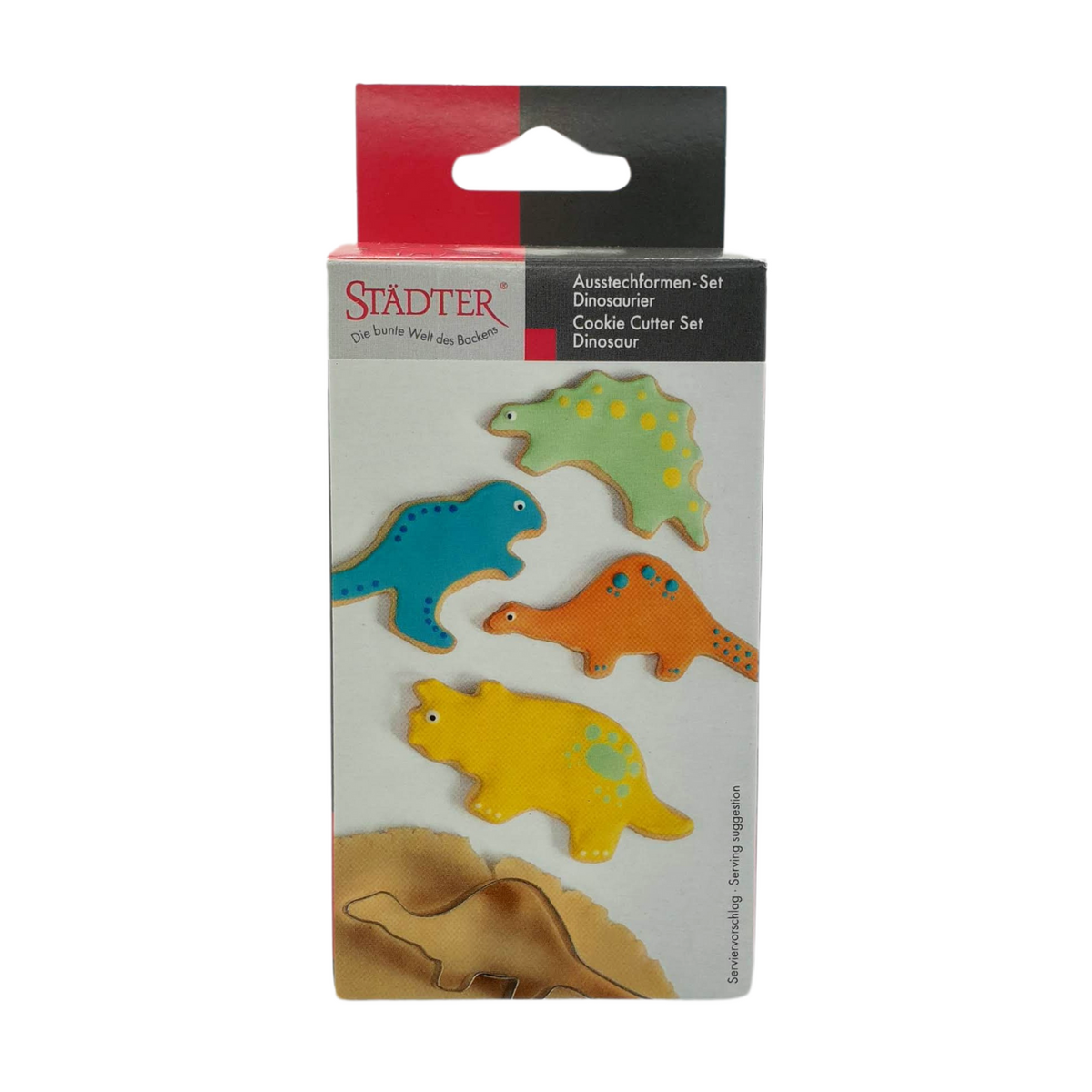 Box with cookie cutters inside showing pictures of cute decorated dinosaur cookies