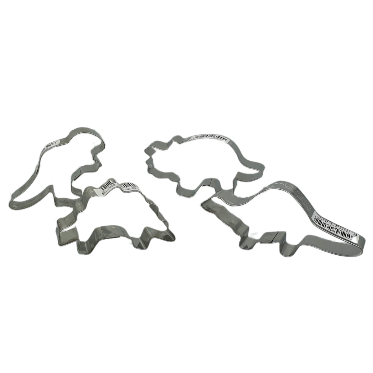 Set of 4 Cookie Cutters including t-rex triceratops brontosaurus and stegosaurus made from stainless steel