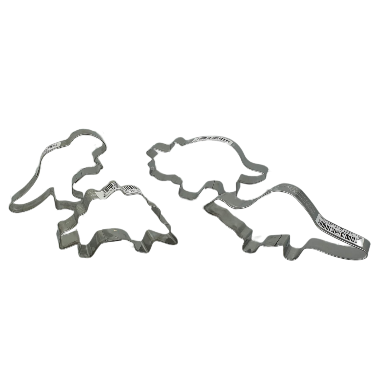 Set of 4 Cookie Cutters including t-rex triceratops brontosaurus and stegosaurus made from stainless steel