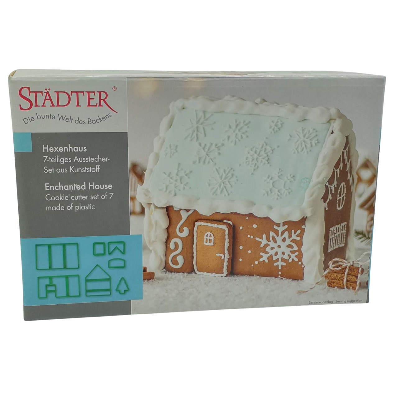 Gingerbread house set of 7 cookie cutters in packaging with decorating idea