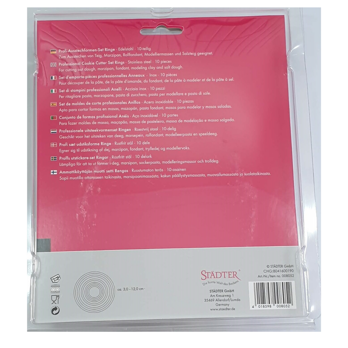 Back packaging of set of 10 round cookie cutters