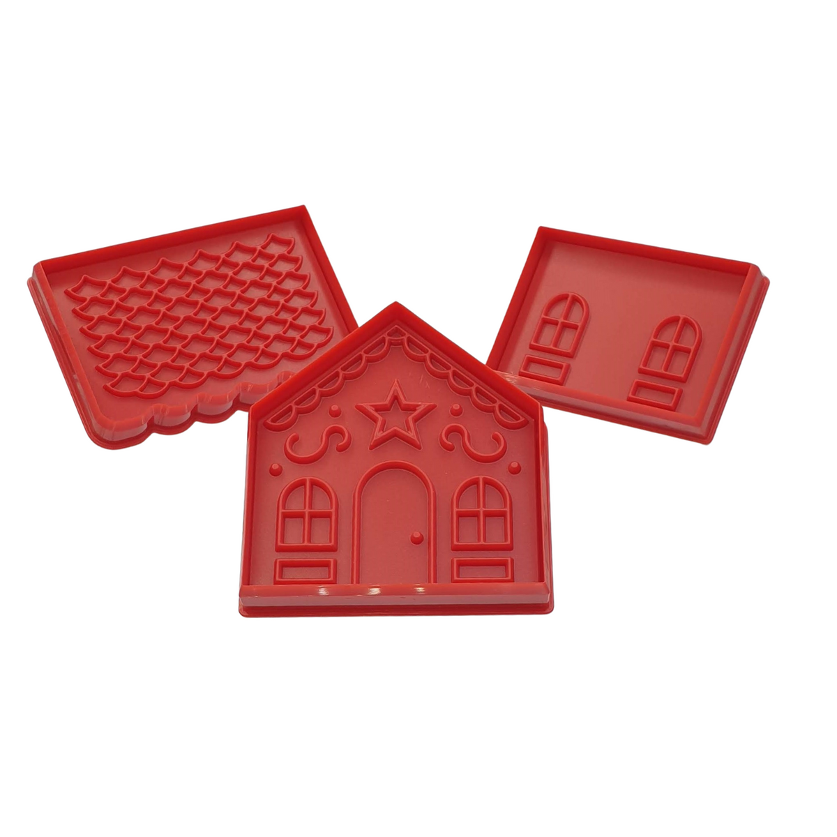 Gingerbread house set of 3 cookie cutters with ejector stamps to indent cookie dough with gingerbread house pattern.
