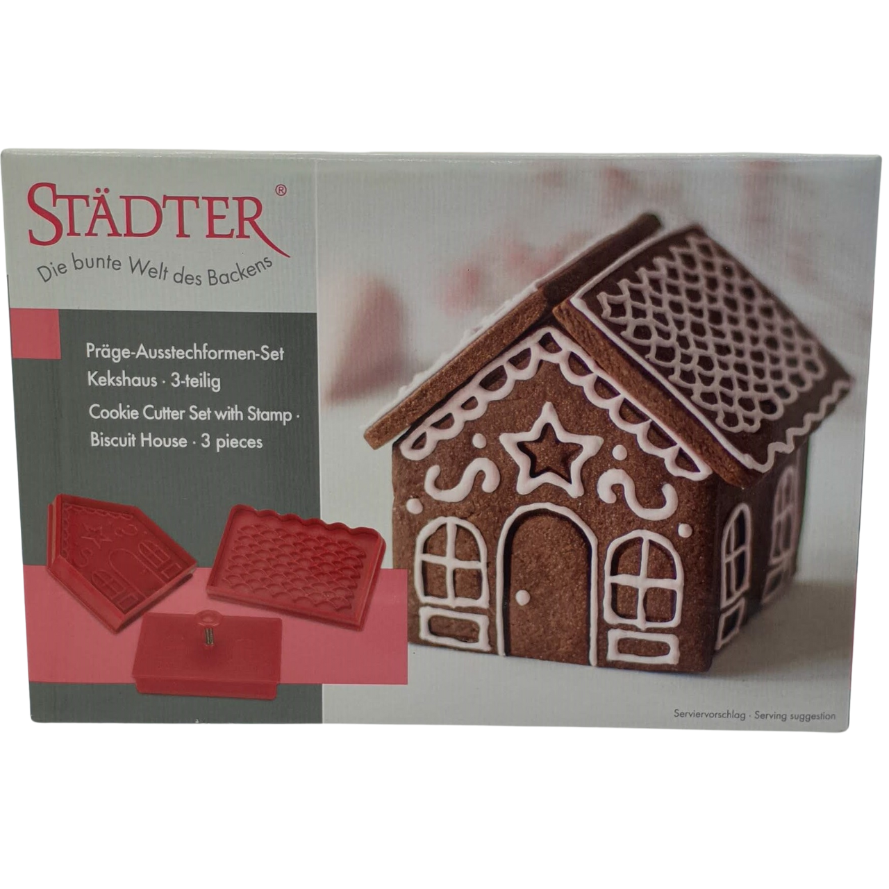 Small gingerbread house cookie cutter set packaging.  Cutters including stamps.