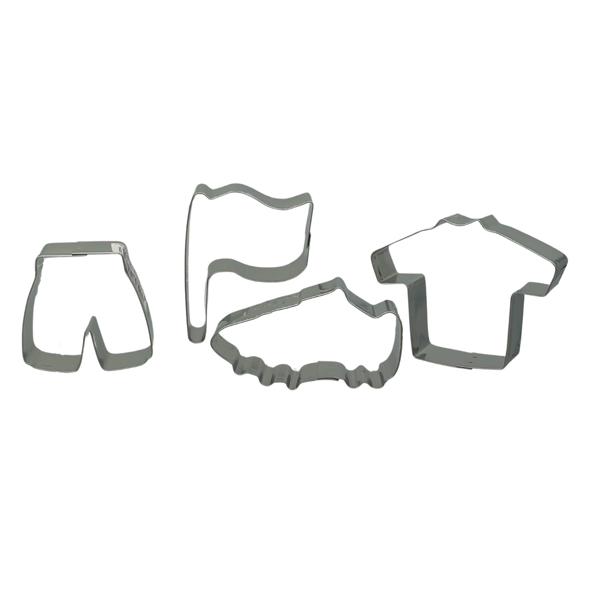 4 different football themed cookie cutters including soccer shorts, shirt and boot as well as a flag to be used for team colours.  Stainless steel cutters.