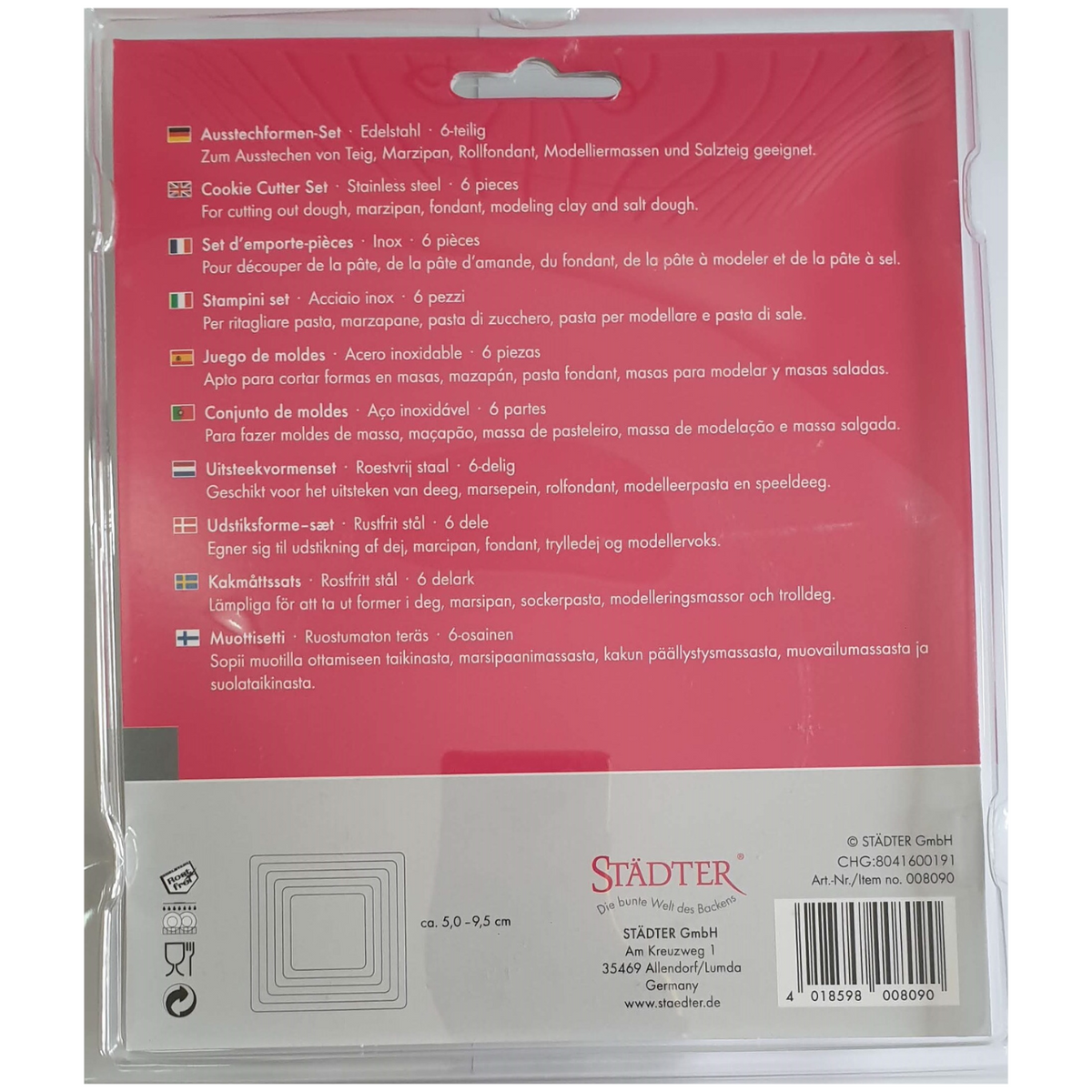 Back of packaging of square cookie cutters