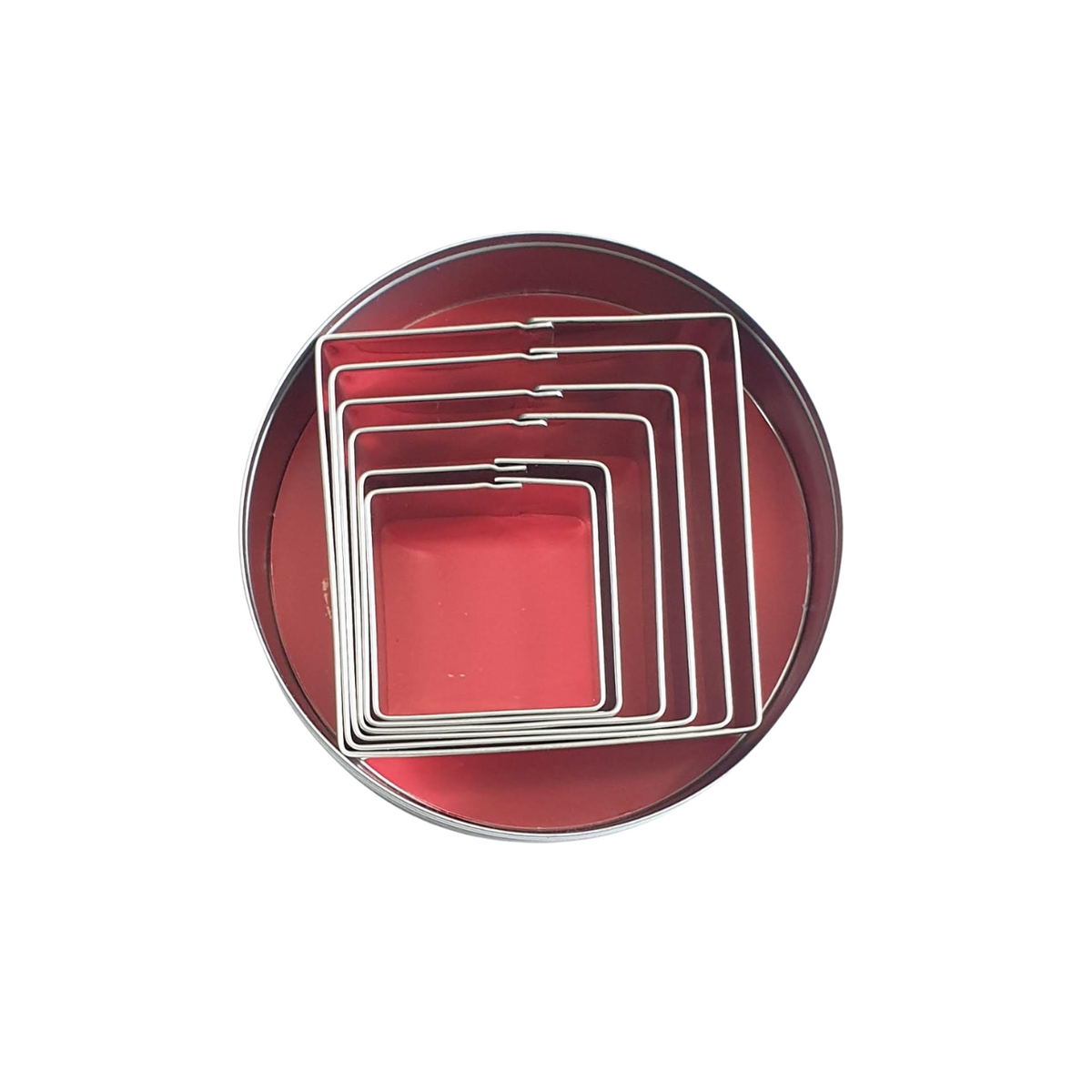 Stainless steel set of 6 square cookie cutters in storage tin