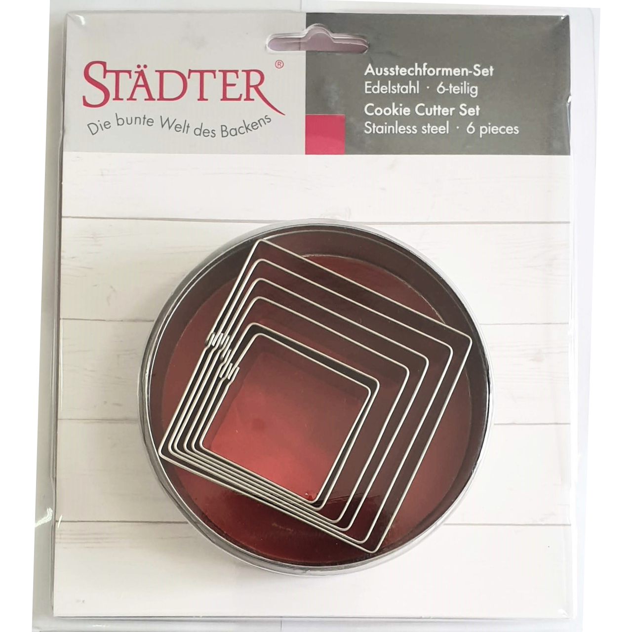 Set of 6 square shaped cookie cutters in packaging