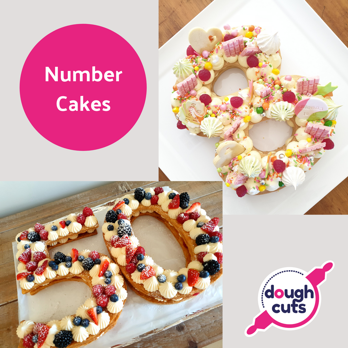 Two examples of number shaped desserts made with DoughCuts number template including a number 8 cookie cake with lollies on top and a number 50 mille feuille (flaky pastry with custard filling).