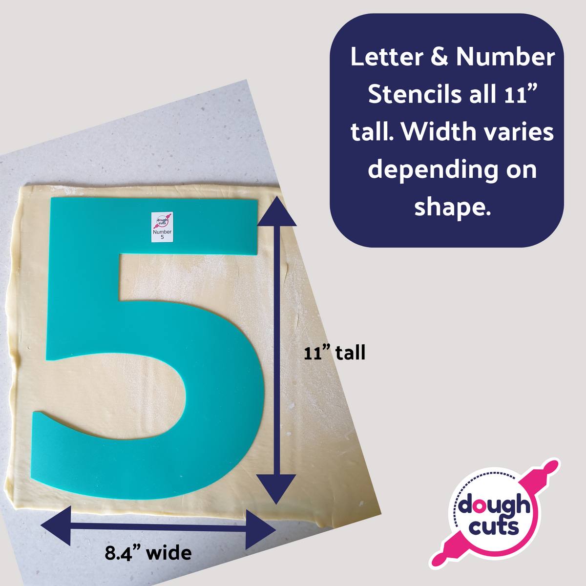 Number 6 resuable baking template sitting on puff pastry ready to cut out showing that all our reusable number baking stencils are 11 inches tall.