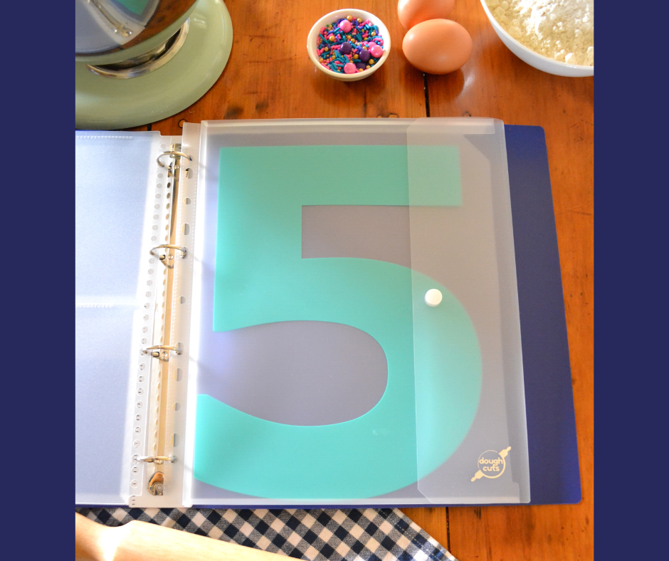 The DoughCuts Cookie Cake Creators Kit folder opened to show the storage pockets that house the resuable number templates. 